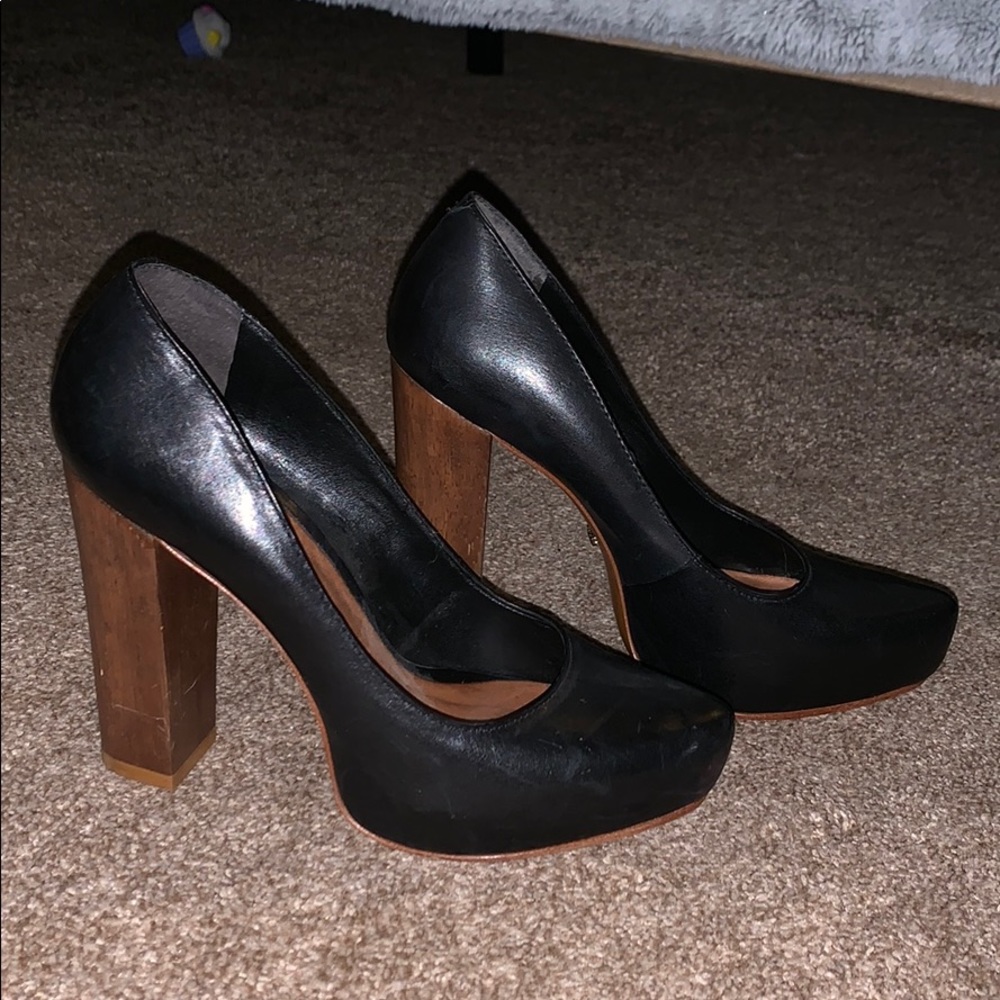 SCHUTZ BLACK LEATHER PLATFORM WOODEN HEELS 7B EUC!